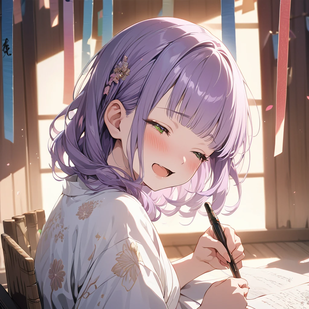 masterpiece, ultra detailed, 8K, a girl, kawaii, light atmosphere, (Cute a tsundere girl:1.5), anime visual, (tilt head:1.3), extremely delicate face, realistic lighting and shading, (an extremely delicate and beautiful art:1.3), a girl,blush,Japanese-style white colored yukata, cowboy shot, pale purple hair, blunt bangs hair, green eyes, indigo-colored Oshima Tsumugi, A girl with her mouth open and closed eyes ,laughing, Writing words with a brush on a strip of paper for the Tanabata Festival. Sitting upright.