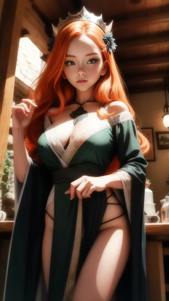 Young (princess), striking figure, long flowing ginger hair, wavy hairs, fair skin, freckles, (kolito), innocent and (regal appearance), expressive green eyes are filled with a mix of curiosity and determination, her slender frame, elegant grace, vibrant orange kimono with white and black decorations, ((very long sleeves)), cleavage, feather headdress, in a medieval bar