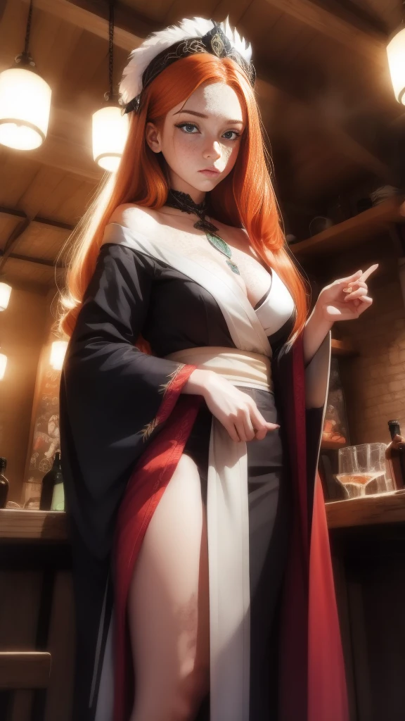 Young (princess), striking figure, long flowing ginger hair, wavy hairs, fair skin, freckles, (kolito), innocent and (regal appearance), expressive green eyes are filled with a mix of curiosity and determination, her slender frame, elegant grace, vibrant orange kimono with white and black decorations, ((very long sleeves)), cleavage, feather headdress, in a medieval bar