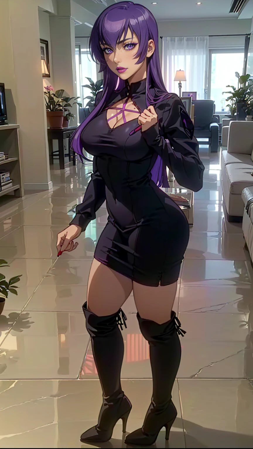 ((1girl, solo ,alone)), ((solo, 1woman, (busujima saeko, purple hair, long hair, purple eyes, pink lipstick, woman, lipstick), Extremely detailed, ambient soft lighting, 4k, perfect eyes, a perfect face, perfect lighting, a 1girl)), ((solo, (1woman, lipstick), Extremely detailed, ambient soft lighting, 4k, perfect eyes, a perfect face, perfect lighting, a 1girl)), , ((fitness,, shapely body, athletic body, toned body)), ((black dress, profile, high boots, high heels, thigh boots, marble floor, living room, potted plant))