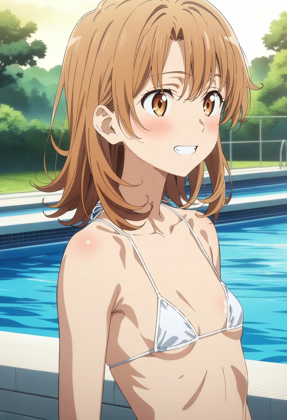 best quality, amazing quality, very aesthetic, absurdres, (1girl, isshiki iroha, yahari ore no seishun lovecome wa machigatteiru, brown hair, brown eyes,), (realistic face:0.9),(string bikini:1.8),dress lift, (grin, blush, thigh:1.3), (cowboy shot), (glowing eyes), (half closed eyes:0.9), (from side:2), (official art:1.3), (pool), expressive eyes, perfect face, 4k, extremely detailed anime illustration, extremely detailed eyes, perfect anatomy, light rays, extremely delicate body, smooth skin, (anime background:1.5), clear eyes, beautiful face, small breasts,(anime style:1.7), (Warm Light:1.5), (highres:2),