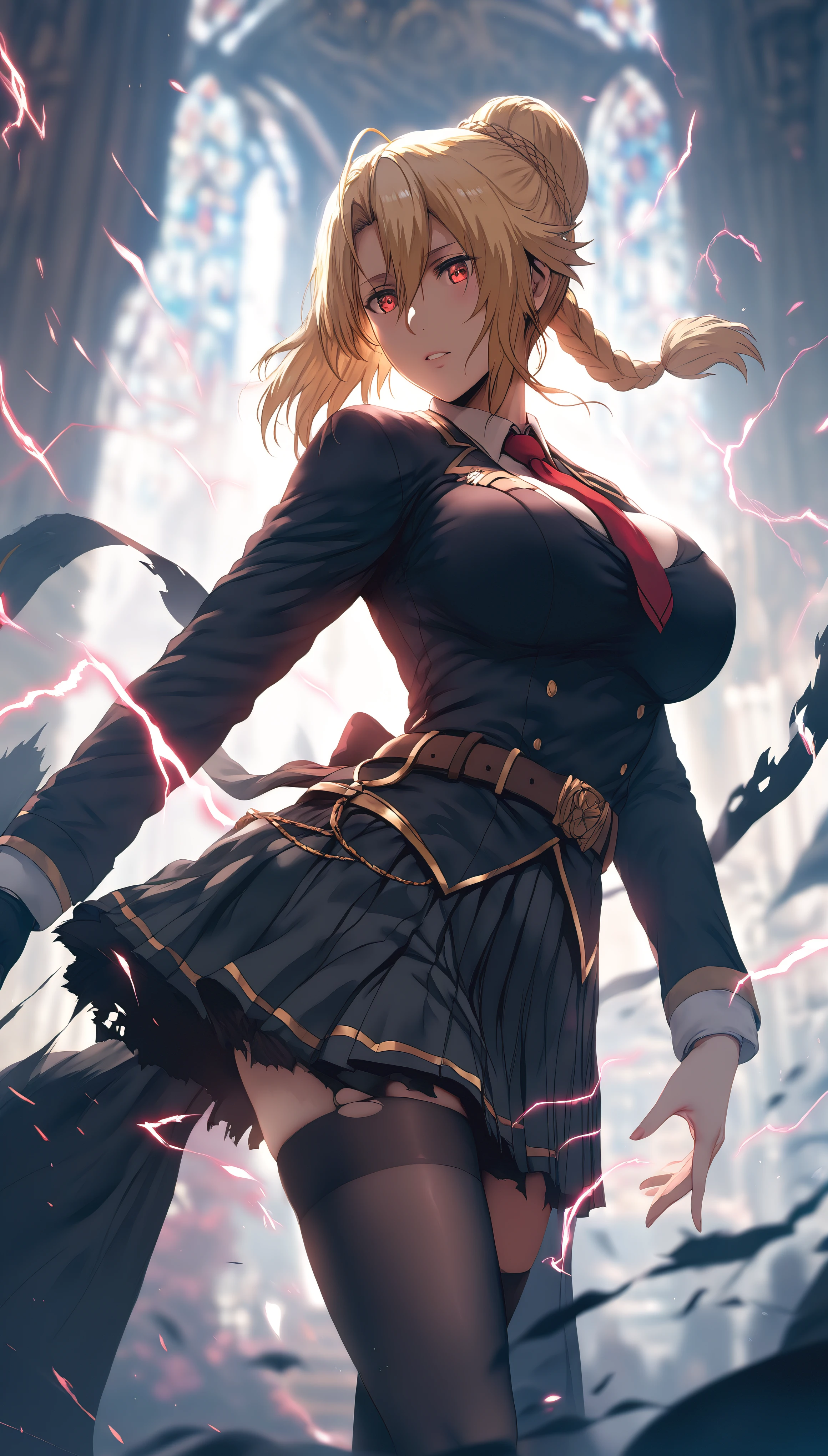 Hews style, score_9, score_8_up, score_7_up, score_6_up, uncensored, angelica, blonde hair, braid, single hair bun, red eyes, BREAK (masterpiece:1.2), best quality, high resolution, (beautiful detailed eyes:1.3), perfect lighting, (perfect hands, perfect anatomy), large , breastsart, fantasy, 1girl, breasts, elect skirt, blurry, pleated_skirt, depth_of_field, gloves, belt, school_uniform, long_sleeves, solo, looking_at_viewer, blurry_background, necktie, torn, glow effects, godrays, Hand drawn, Vivid colors, extremely detailed CG unity 8k wallpaper, trending on CGSociety, Intricate, High Detail, dramatic,