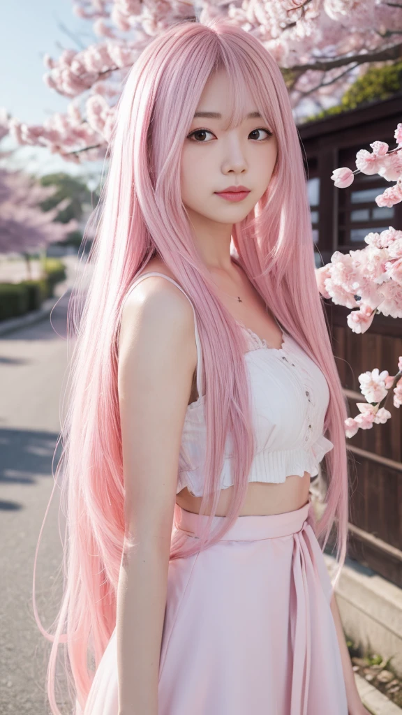 a young woman with pink hair standing in front of a building with cherry blossoms, long light pink hair, long pink hair, pastel light pink very long hair, light pink hair, pink straight hair, ulzzang, pink wispy hair, light pink, pastel pink, pink girl, long flowing pink hair, korean girl, pink hair, faded pink, pastel pink skin tone, long bubblegum hair, flowing pink hair, pink pastel, long light purple hair, pink hue