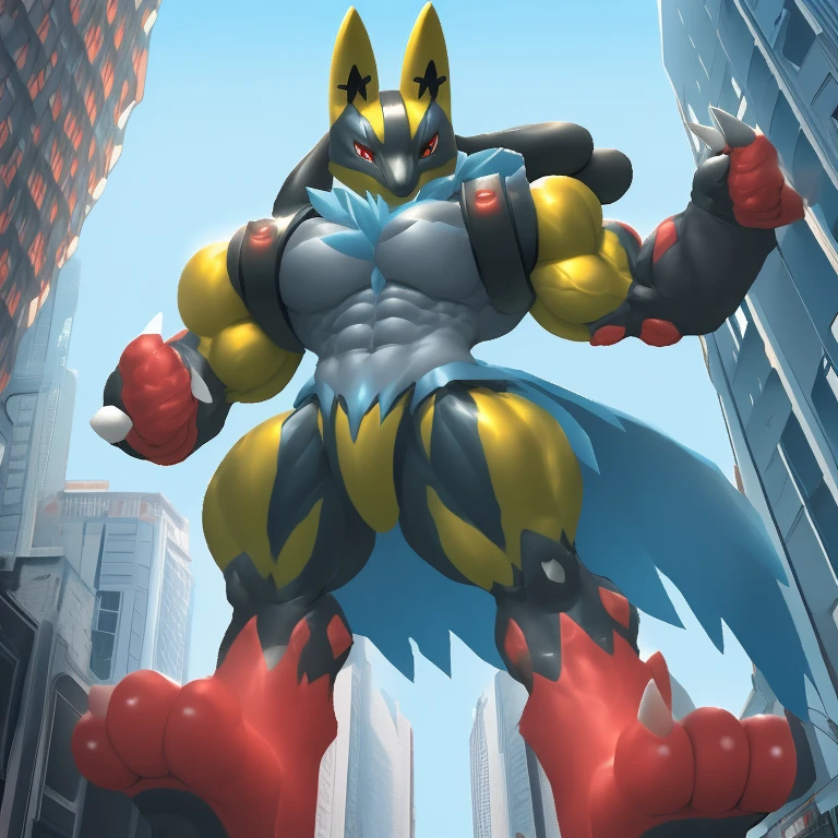 (Solo. masterpiece. official art. 8k. best quality. detailed full body. full body.)
(situation 1 : dominating Shiny_Mega_Lucario. Shiny_Mega_Lucario is over 1000 meters long. focus GIANT mechanical Muscular Shiny_Mega_Lucario is trampling the city. Looking down. macro. stomp. Low-angle perspective. emphasizing the immense size. He is much bigger than a skyscraper. Giga Giants. looking down. foot focus, (soles:1.2))
(situation 2 :smoke and flames rising from the destruction in the city)
(Additional details 1: wearing a full-face helmet. golden armor. high-tech bio-mecha armor. real texture material. whole body shines like metal. emphasizes the muscles. suit fully made of metal. intricate armor. Robotic suit. suit fully made of metal.).
(Additional details 2: (Detailed head. Detailed Body. Detailed abs. gigantic muscles. HYPER MUSCLES. Gigachad Muscular. big muscle. pecs. triceps. traps. unusually developed muscular body. body full of huge muscles. showing off muscles. pectorales enormes. Exaggeratedly huge muscles. huge muscles. long legs. abs.).
(Additional details 3: He wears a black cloak on his back. The claws are sharp. Sharp teeth.).