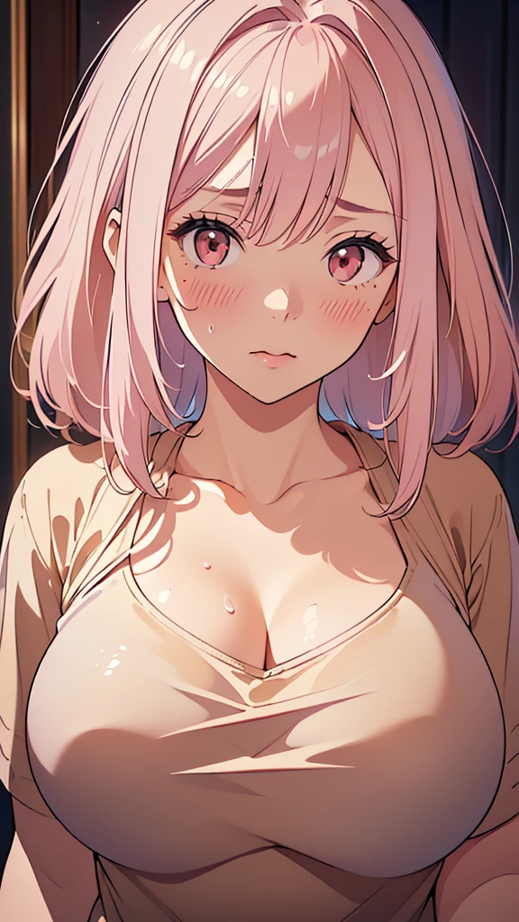 (absurdres:1.2),(masterpiece:1.6),(ultra-detailed:1.4),(High quality:1.4),(best quality:1.4),(beautiful busty breasts:1.3),(beautiful face:1.3),(beautiful woman:1.3),(pale pink hair:1.2),medium hair style,a mole around the mouth, (sweat:1.1),(aroused:1.2),(embarrassed:1.2),(blush:1),(close-up:1),(shirt tug pose:1.2),(beige t-shirt:1.2),