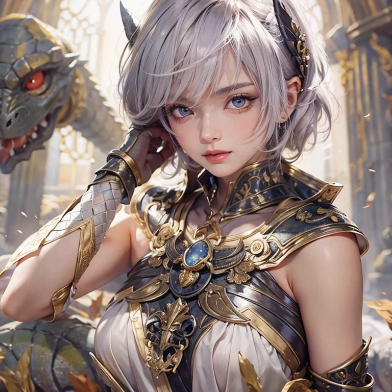 Woman in ancient battle attire、Serious expression、Short-haired、Deadly position, Gorgeous Necklace, scale skin:1.5, Enchanting anime girl, Beautiful and seductive woman, Realistic and perfect body, Perfect body with realistic shadows, Woman with reptilian eyes：1.5、8K