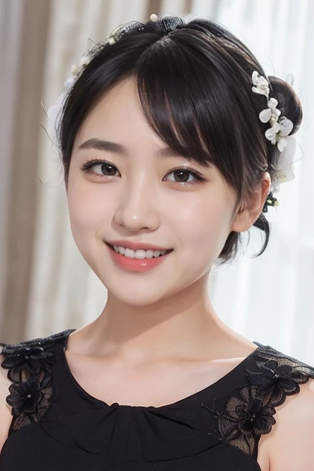 hairstyle: (black wedding bun short hair:1.2) Outfit: (wedding dress,intricate dress, ball gown, bridal veil, bride, curtains, depth of field, dress, flower, hair flower, hair ornament, see-through,white flower, white rose:1.1),(face full of joy:1.3)