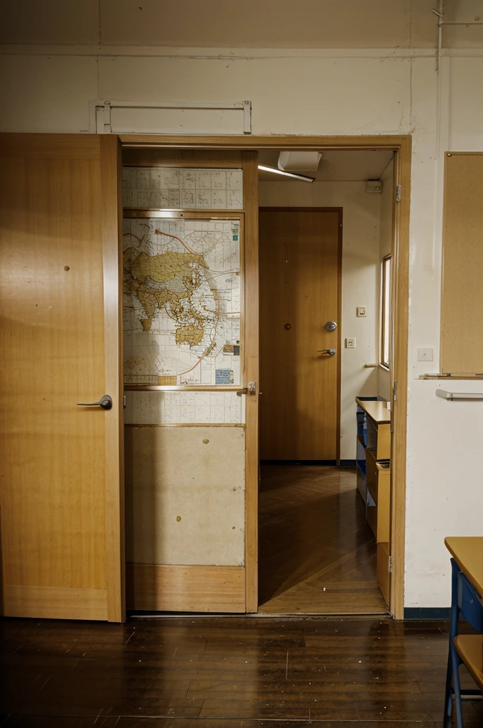 Image of an empty classroom with an old map and an open door