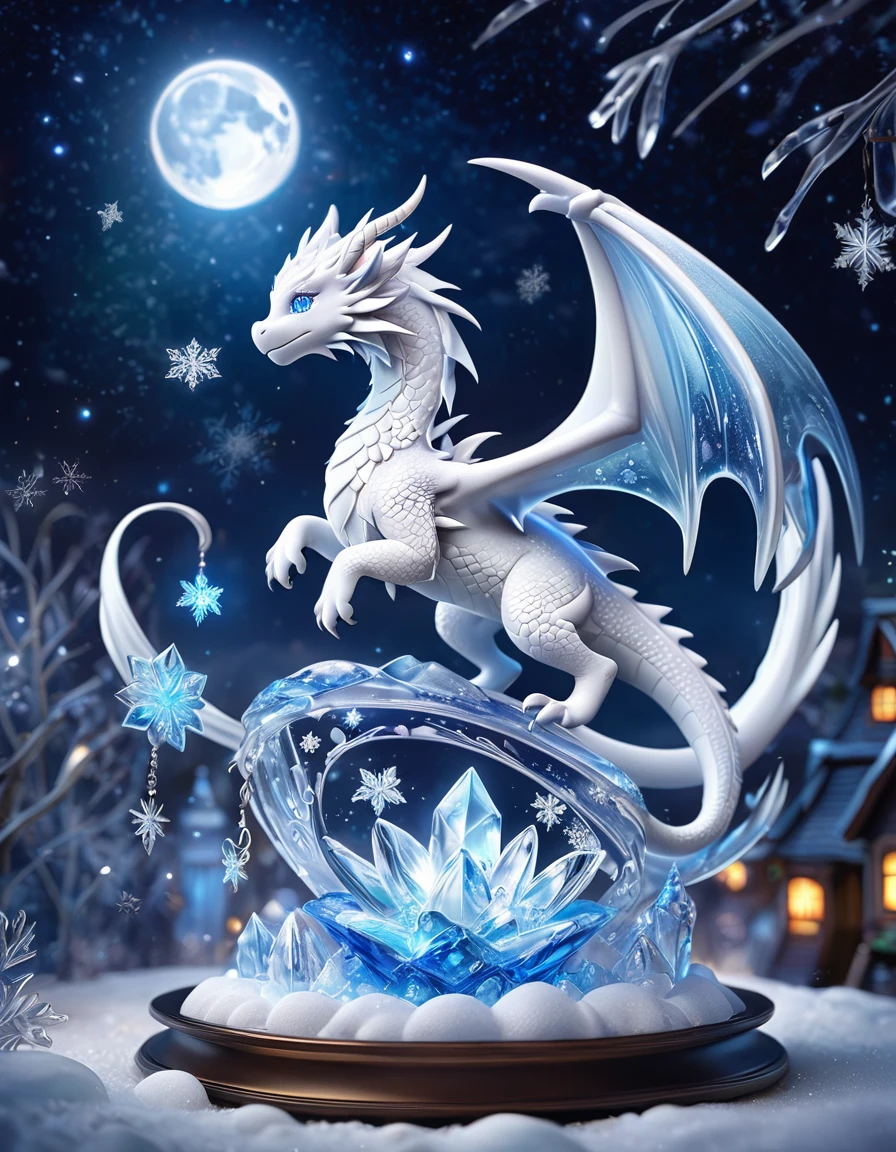 absurdres, highres, ultra detailed, HDR, master piece, best quality, small white dragon, cute, solo, magic, ice flowers, snowflakes, ice, magical, fantasy, glass, ice moon, starry sky, ice style