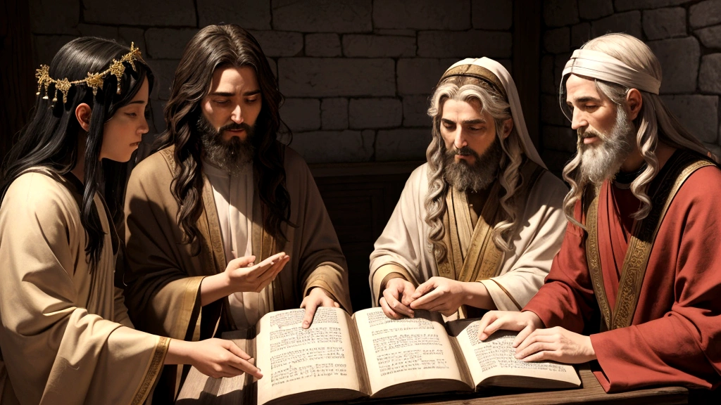"Description: Create a harmonious scene merging ancient biblical wisdom with modern insights on the afterlife. Show biblical figures like Jesus, Paul, and John alongside contemporary theologians engaged in dialogue, exchanging scrolls and books symbolizing theological exploration and interpretation.
Details: Use a unified color palette and symbolic elements such as halos around biblical figures, modern scholars with open books of theology, and celestial backgrounds hinting at divine inspiration. Include subtle details like ancient scrolls blending into digital tablets, symbolizing the continuity of wisdom passed down through generations. This visual should convey the synthesis of ancient biblical teachings and modern scholarly inquiry into the afterlife within the context of Christian faith and theology."