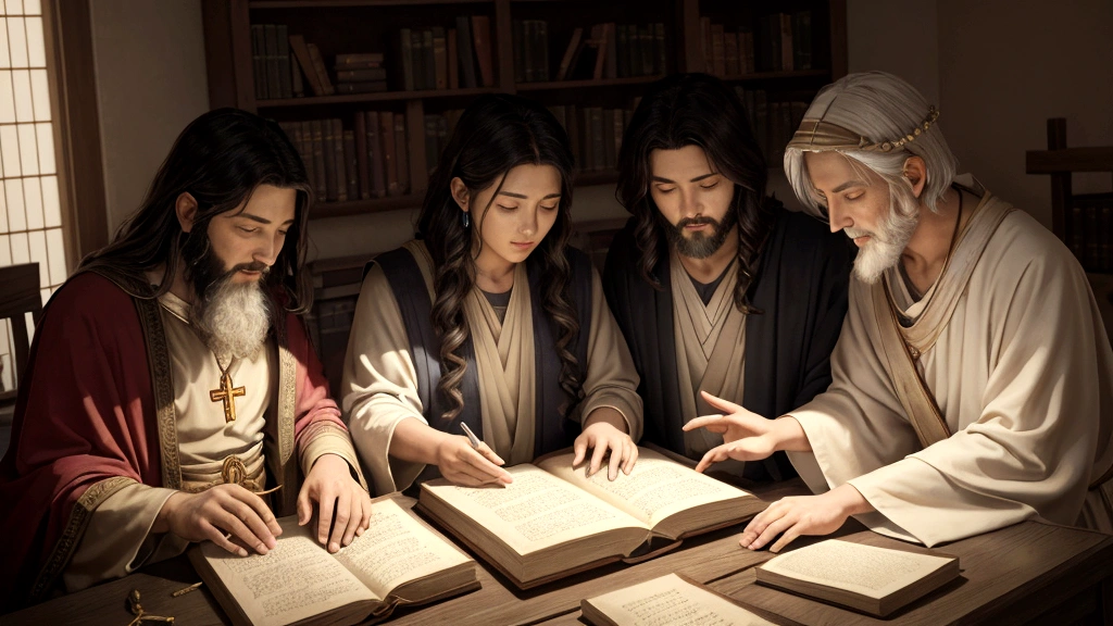 "Description: Create a harmonious scene merging ancient biblical wisdom with modern insights on the afterlife. Show biblical figures like Jesus, Paul, and John alongside contemporary theologians engaged in dialogue, exchanging scrolls and books symbolizing theological exploration and interpretation.
Details: Use a unified color palette and symbolic elements such as halos around biblical figures, modern scholars with open books of theology, and celestial backgrounds hinting at divine inspiration. Include subtle details like ancient scrolls blending into digital tablets, symbolizing the continuity of wisdom passed down through generations. This visual should convey the synthesis of ancient biblical teachings and modern scholarly inquiry into the afterlife within the context of Christian faith and theology."