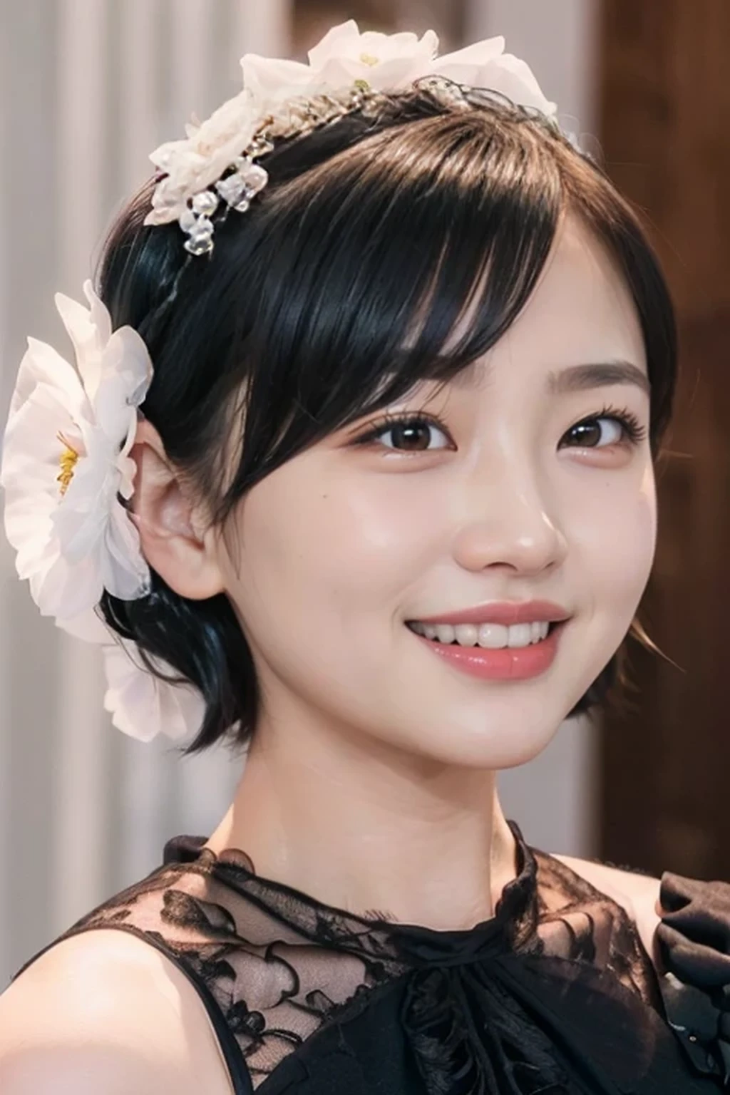 hairstyle: (black wedding bun short hair:1.2) Outfit: (wedding dress,intricate dress, ball gown, bridal veil, bride, curtains, depth of field, dress, flower, hair flower, hair ornament, see-through,white flower, white rose:1.1),(face full of joy:1.3)