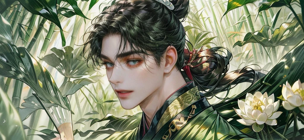 (((best quality))),masterpiece,ultra high resolution,extraordinarily beautiful youth, a bright, villains smile,All green clothing,((boy 24 year old, green hanfu,green clothing, Chinese shirt style)) ,boy character ,((Thick black long hair)),beautiful face,detailed interior, detailed boy,((man)),(in bamboo forest), house China style, pure white lotus,beautiful and cute boy ,black eyes,((solo man)),(he has a Big eyes, charming lips, slim nose and small face),(slim figures ),ponytail and 冠, Hiogi fan,Japanese fan ,very long hair, thick hair, black hair ,eyes detailed,