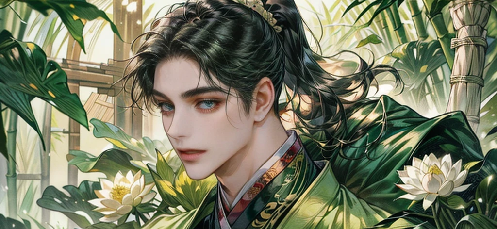 (((best quality))),masterpiece,ultra high resolution,extraordinarily beautiful youth, a bright, villains smile,All green clothing,((boy 24 year old, green hanfu,green clothing, Chinese shirt style)) ,boy character ,((Thick black long hair)),beautiful face,detailed interior, detailed boy,((man)),(in bamboo forest), house China style, pure white lotus,beautiful and cute boy ,black eyes,((solo man)),(he has a Big eyes, charming lips, slim nose and small face),(slim figures ),ponytail and 冠, Hiogi fan,Japanese fan ,very long hair, thick hair, black hair ,eyes detailed,