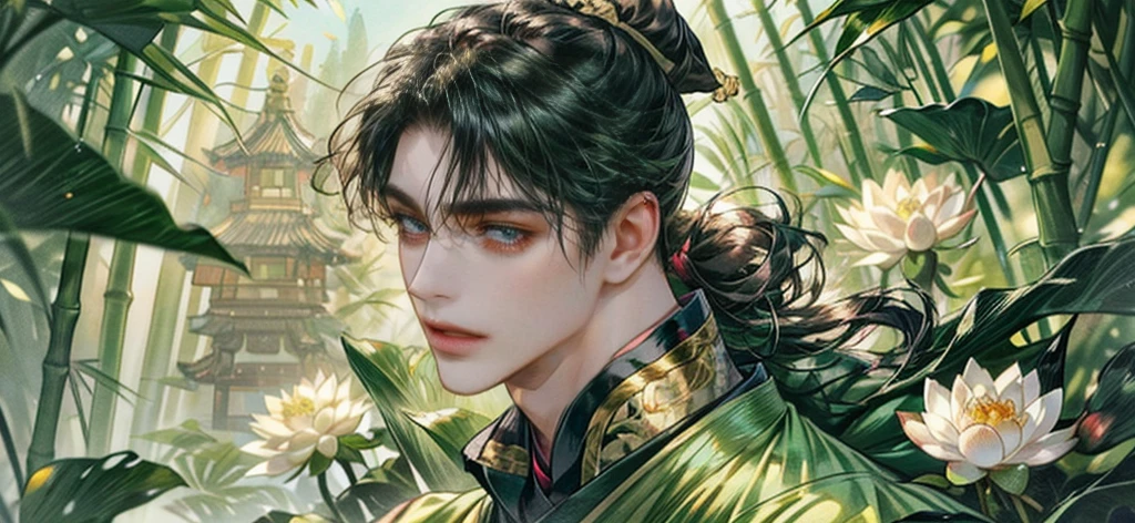 (((best quality))),masterpiece,ultra high resolution,extraordinarily beautiful youth, a bright, villains smile,All green clothing,((boy 24 year old, green hanfu,green clothing, Chinese shirt style)) ,boy character ,((Thick black long hair)),beautiful face,detailed interior, detailed boy,((man)),(in bamboo forest), house China style, pure white lotus,beautiful and cute boy ,black eyes,((solo man)),(he has a Big eyes, charming lips, slim nose and small face),(slim figures ),ponytail and 冠, Hiogi fan,Japanese fan ,very long hair, thick hair, black hair ,eyes detailed,