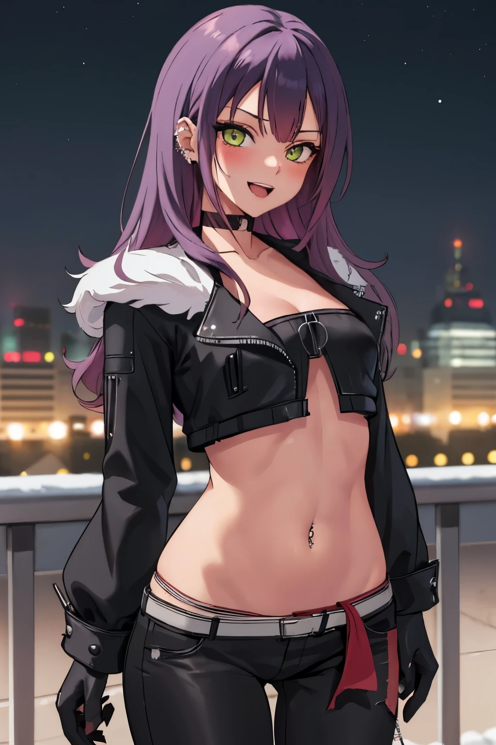 towadefault, long hair, choker, ear piercing, navel piercing, blush, lipstick, fur trim, mature female, gloves, fur-trimmed coat, outdoors, rooftop, cityscape, building, railing, night, night sky, scenery, city lights, blush, lipstick, masterpiece, best quality, highly detailed, a girls with a gun, evil smile , open mouth, sexy gaze, badass
pose , evil smile, smile, (nsfw) not safe for work, guns blazing, anime girl with long hair, beautiful long
haired girl, navel, evil expression, exposed belly, exposed navel, exposed midriff, exposed lower belly,
long black pants, crop top, cleavage, unbuttoned leather pants ,open fly, low rise black leather pants,
leather jacket, holding a gun