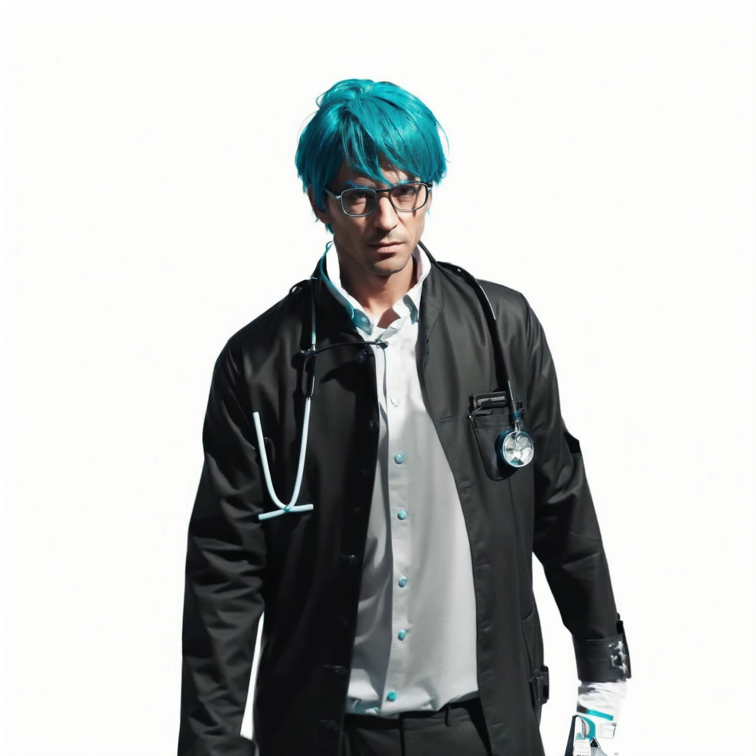 realistic, arafed man with blue hair and glasses in a black jacket, mechanic punk outfit, professor clothes, teal uniform, (doctor), teal skin, jk uniform, surgeon, doctor, elite scientist, skinny male fantasy scientist, medic, nurse's leather suit, with teal clothes, realistic