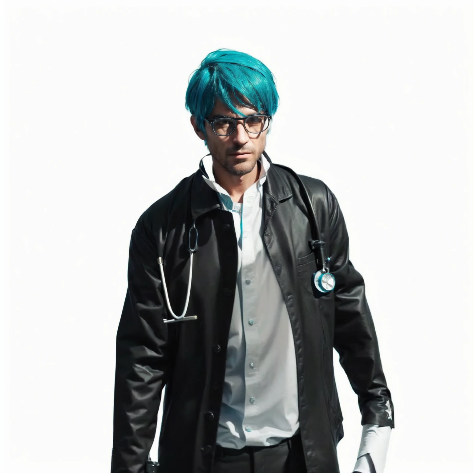 realistic, arafed man with blue hair and glasses in a black jacket, mechanic punk outfit, professor clothes, teal uniform, (doctor), teal skin, jk uniform, surgeon, doctor, elite scientist, skinny male fantasy scientist, medic, nurse's leather suit, with teal clothes, realistic