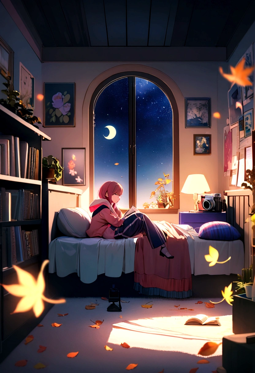 Galaxy astrowave napunk fashion in fall creretrofuturism style, Soft fall leaf confetti, Aether Depth of Field Variation, Twisted reality, Understated haute couture sci-fi sportswear, Iridescent pigments and powders, Holga medium format camera, 下半身A 3D anime-style scene of a girl daydreaming in her room at night. The room is softly lit with warm-colored lights, and a desk is scattered with notebooks and pens. The girl is gazing out of the window at the night sky, with stars and the moon visible. The background includes bookshelves and posters, creating a cozy atmosphere. The girl is sitting on her bed, relaxed and lost in thought. The overall scene is quiet and dreamy.