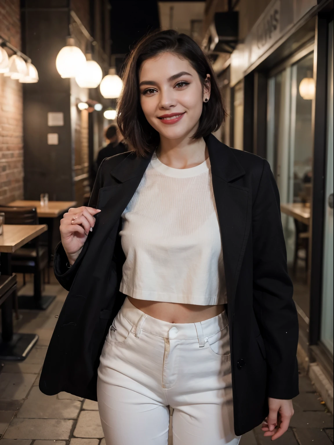 8k, RAW photo, best quality, ultra high resolution, photorealistic, realistic photo, portrait of a slim girl with black purple short undercut haircut, smiling, excited, night, cold, restaurant, night, warm clothes, brown overcoat, white shirt and black pants, eye makeup, red lips
