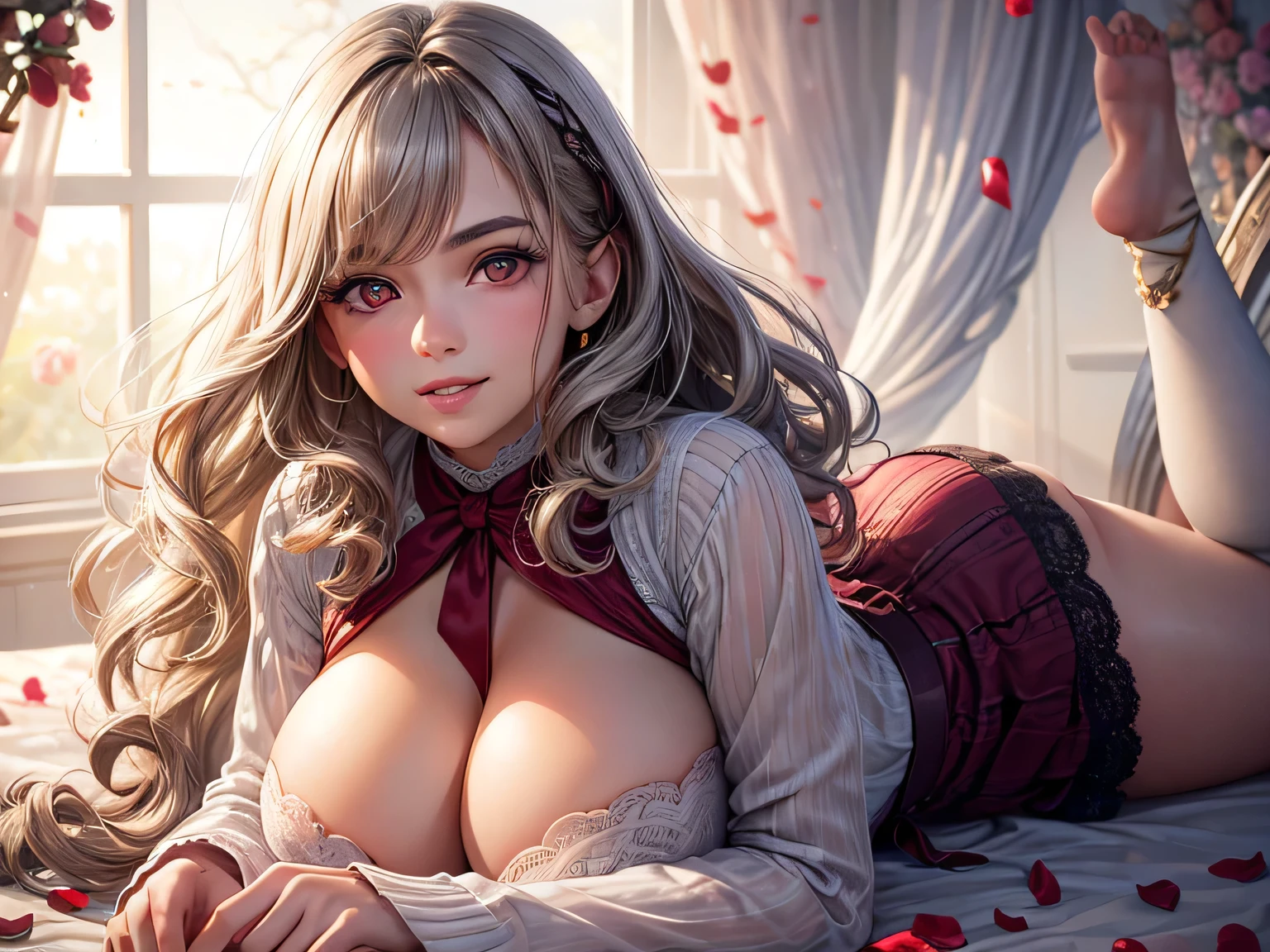 (best quality, ultra-detailed, photorealistic: 1.39), 1 girl, Face of naughty 29 year old ager, a beautiful room background, studio lighting, romantic expression, Perfect big breasts, cute blouse, long sleeves, jeans, Short, Wavy hair with ribbon in the blonder hair, bangs flowing in the wind, attractive eyes, lips bright, sexy pose, smiling seductively, posing for a professional photo shoot, soft natural lighting, creating a dreamy and magical atmosphere, fields of roses, petals in the air, gray hair, red eyes, thin belly, big and big ass