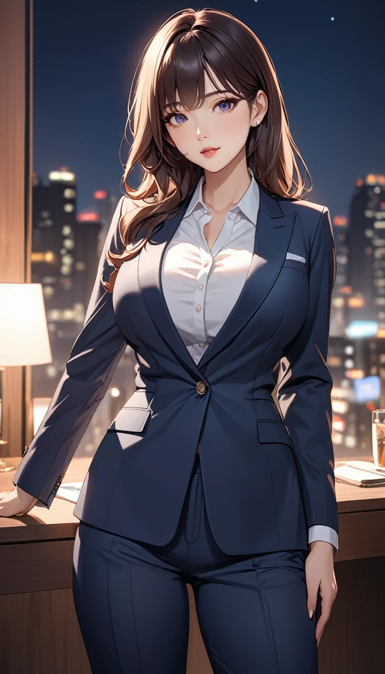 masterpiece, high resolution, beautiful woman, Korean Secretary, 30 years old, pants business suit, beautiful woman, cute, night, standing and looking at me, high resolution face, (high resolution eyes), big tits
