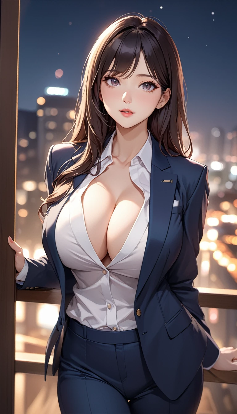 masterpiece, high resolution, beautiful woman, Korean Secretary, 30 years old, pants business suit, beautiful woman, cute, night, standing and looking at me, high resolution face, (high resolution eyes), big tits
