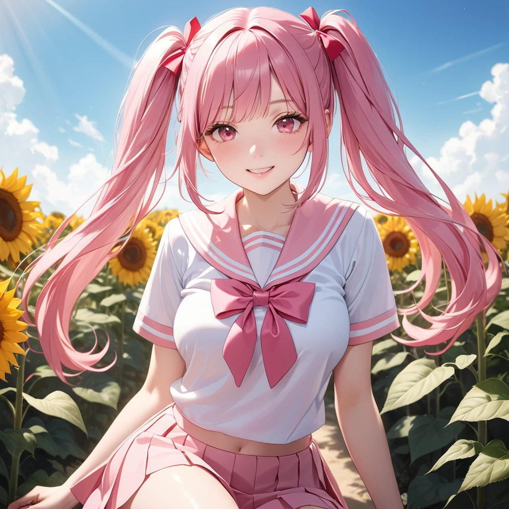 (8K, masutepiece, Best Quality, Official art, beautiful detailed, beautiful lighting, best masterpiece in history that exceeds limits), (1 Girl, Solo), (sixteen years old), (beautiful detailed face), (shiny white skin), (Beautiful big bust:1.3), (thighs, navel), (beautiful detailed pink twin tails hair, Bangs:1.3), (beautiful detailed drooping pink eyes:1.5), (high school uniform:1.3), (patsel pink sailor collar, white short sleeves short length outing shirt, pastel pink pleated skirt, patsel pink ribbon:1.3), (happy smile:1.2), (Attractive, Look at the camera, cute pose), breathtaking scenery, (ultra detailed realistic Beautiful field of sunflowers, blue sky, summer:1.2),