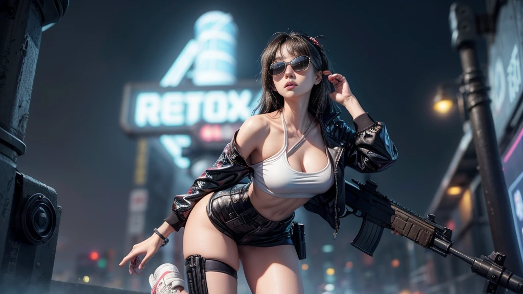 8k, Realistic Skin Texture, Realistic Photo, Neo Tokyo, slim women, large-breast:1.4 cleavage:1.3, AD2050 at night, Dirty hunting jacket, Wearing tube top, miniskirt, (((black sunglasses, automatic rifle, sneakers, cold, shooting pose, very low angle view))), Innovative composition, revenge, cyberpunk, blade runner worldview, Large neon sign, Geisha hologram sign, Strong Wakamoto Sign.