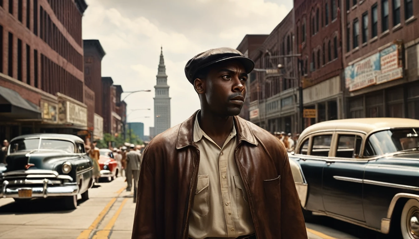A black man, determined expression, arriving in Cleveland in summer 1953, bustling streets and people, ready to start new chapter, photo-realistic, masterpiece, 8k, ultra-detailed, sharp focus, hyperrealistic, moody dramatic lighting, warm summer tones, cinematic composition, dynamic pose, impactful narrative
