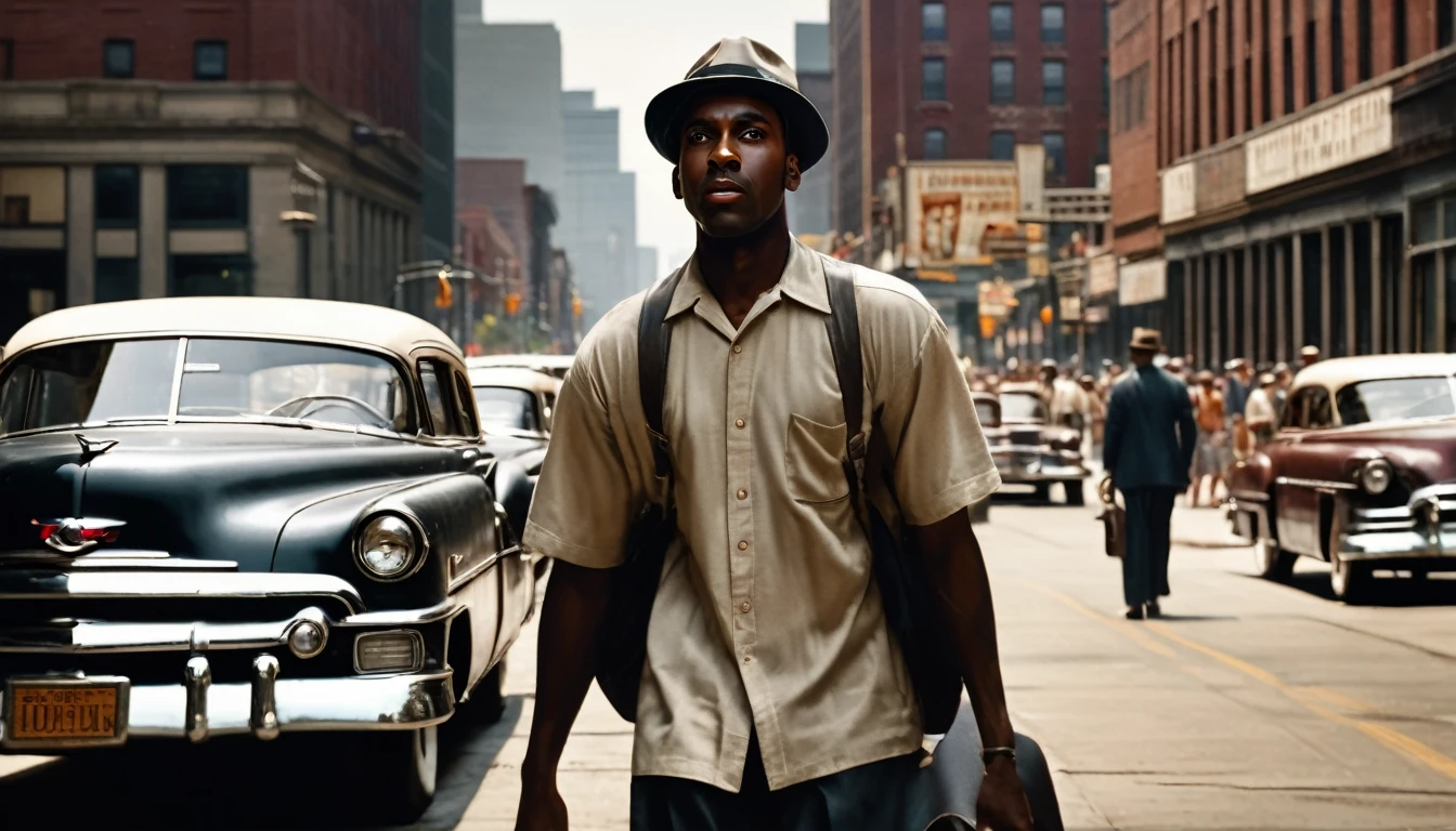 A black man, determined expression, arriving in Cleveland in summer 1953, bustling streets and people, ready to start new chapter, photo-realistic, masterpiece, 8k, ultra-detailed, sharp focus, hyperrealistic, moody dramatic lighting, warm summer tones, cinematic composition, dynamic pose, impactful narrative