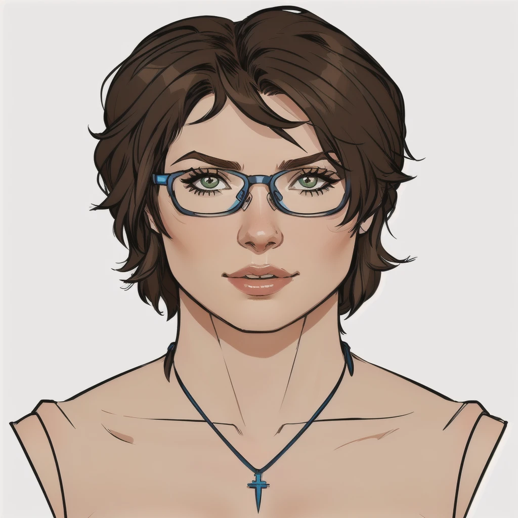 cartoon of a woman with glasses and a necklace on her neck, gordon freeman as a woman, character portrait of me, upper body avatar, harry volk clip art style, female lead character, character concept portrait of me, alice cullen, attractive androgynous humanoid, molly from the novel neuromancer, symmetrical portrait rpg avatar, portrait of lara croft