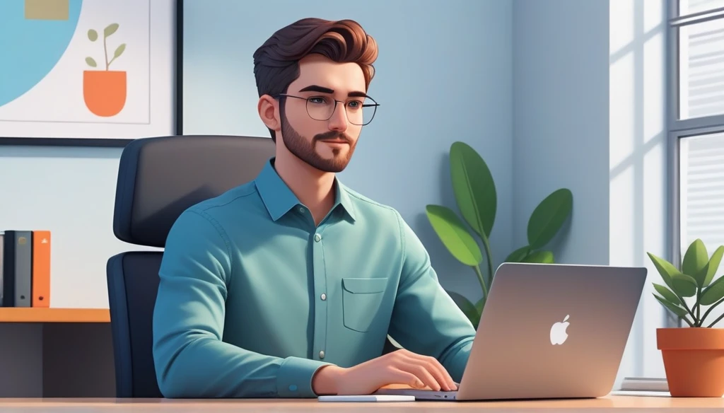 a 25 year old male business character with a friendly appearance and pixart style, . He is sitting behind his MacBook in his minimalist office., with his arms on his desk. esta looking ahead, retrto central, ambiente general de la imagen debe trasmitir una conexion con el minimalism, flat illustration, bold line, minimalism, simplified, pixart, looking ahead, looking to the camera
