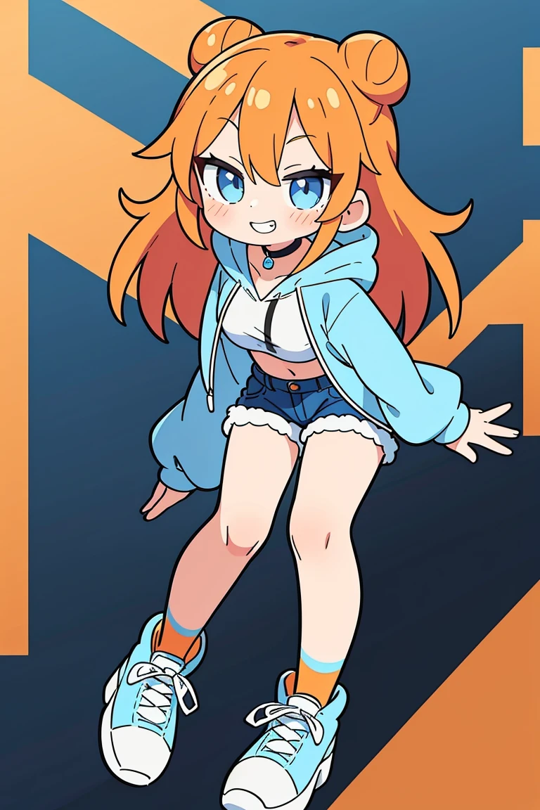 1girl, solo, orange hair, twin buns, blue eyes, eyeliner, light grin, medium breasts, white hoodie with light blue hood, black choker, denim shorts, light blue sneakers, frow below