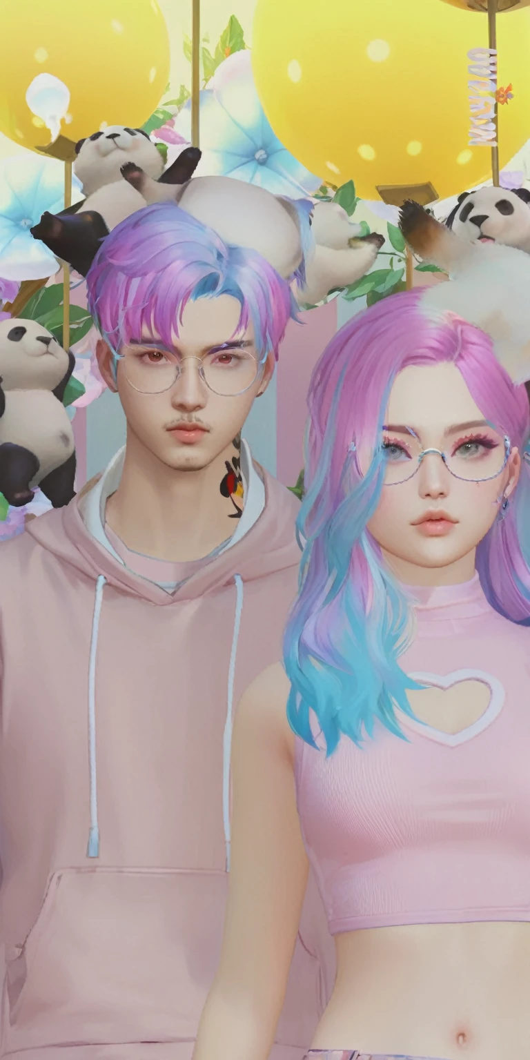 there are two people with colorful hair and panda bears behind them, inspired by Sim Sa-jeong, realism artstyle, kawaii realistic portrait, realistic artstyle, aesthetic!!!!!!!!!!, kda and sam yang, pastel goth aesthetic, the sims 4 texture, artwork in the style of guweiz, aesthetic!!!!, hyperrealistic aesthetic, very aesthetic!!!!!!