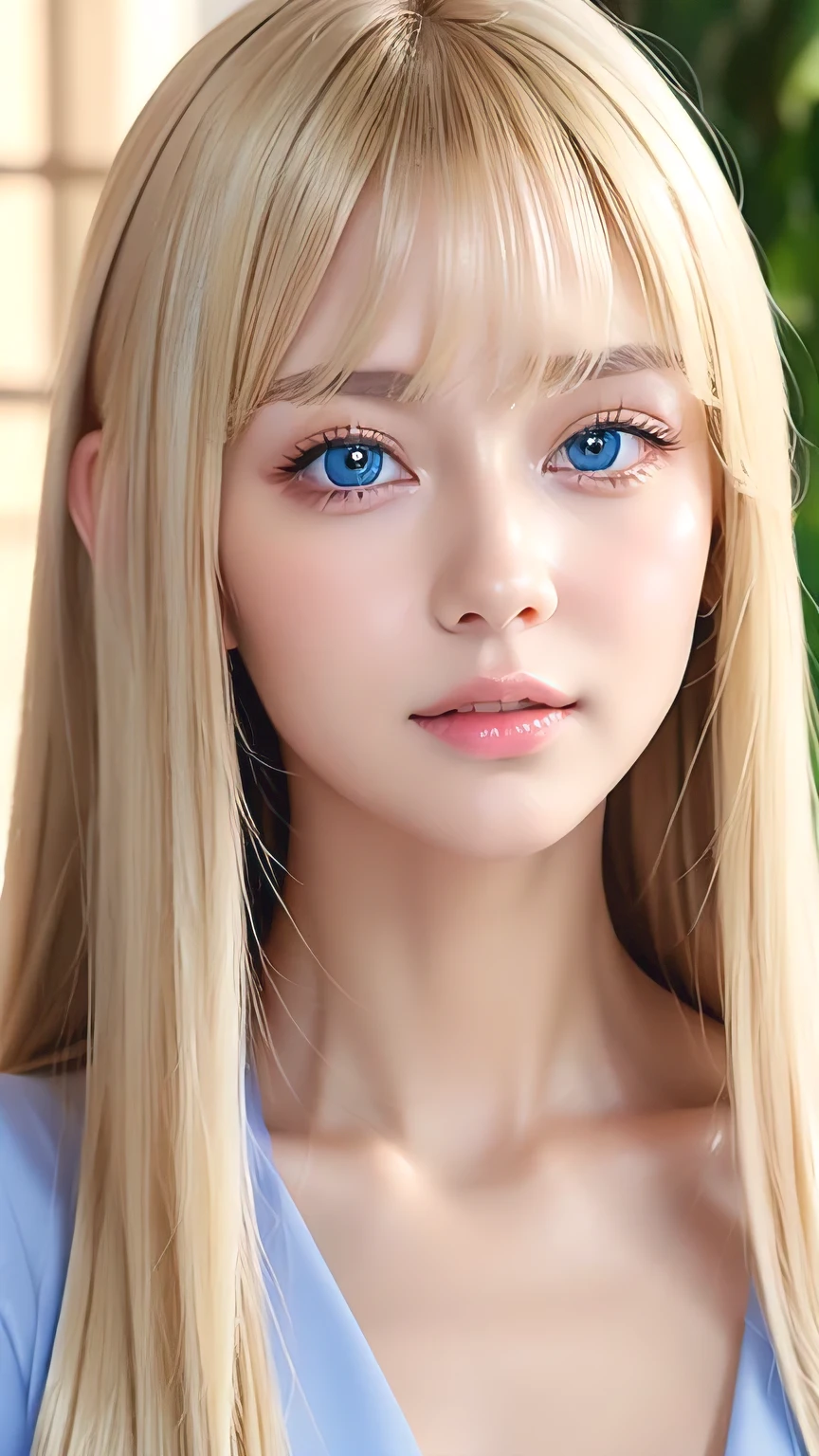 Highest quality、masterpiece、(Realistic:1.4)、One very beautiful blonde girl、Dazzlingly long, super long straight silky platinum blonde、Bangs between the eyes、bangs on the face、Big, very bright light blue eyes that shine so beautifully、Very big eyes、front、Detailed face、Beautiful Eyes、Very white and bright, beautiful skin、Small Face Beauty、14 year old beautiful girl、Cheek gloss highlighter、Round face