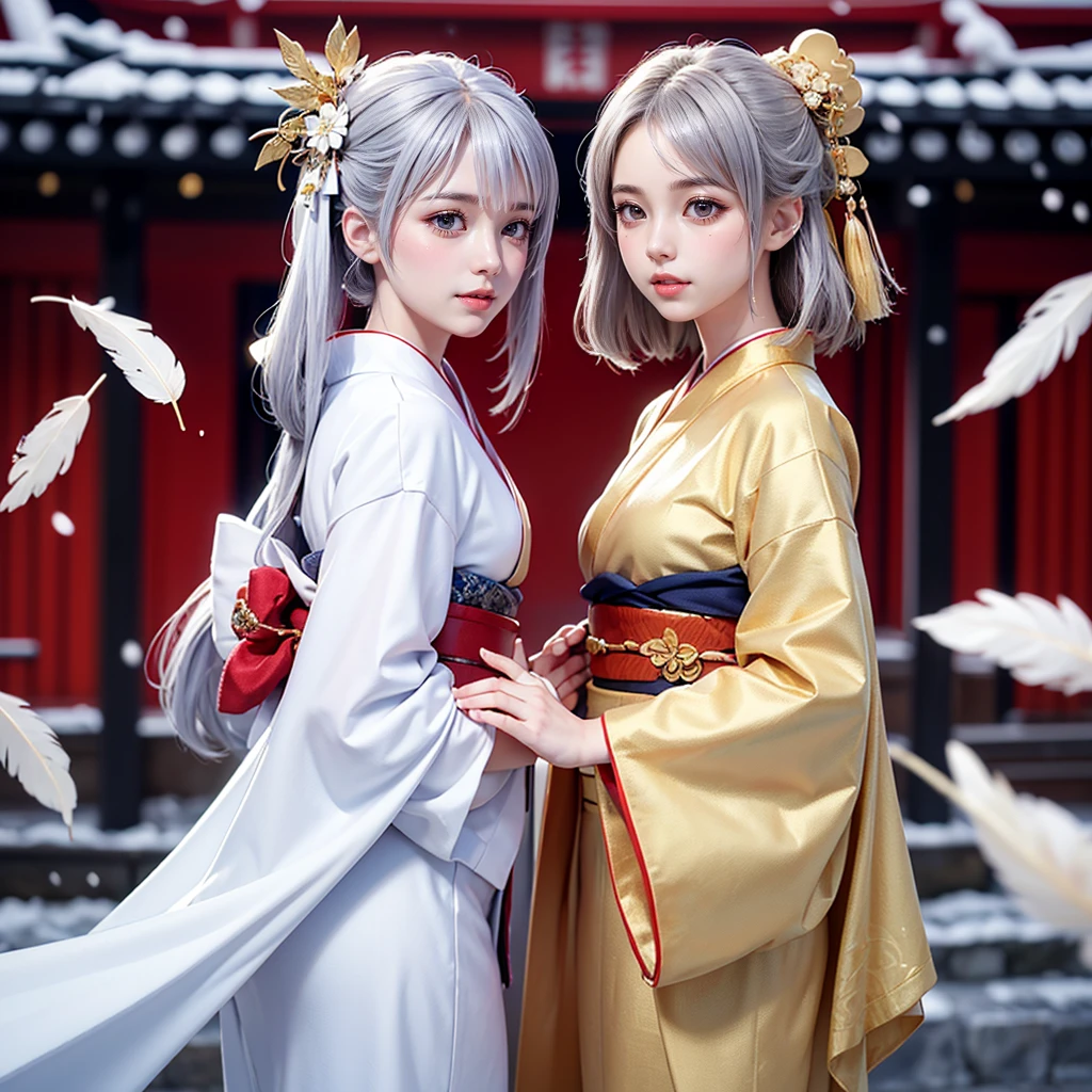 ((8K, RAW Photos, Highest quality, masterpiece)),((Showing the kimono from the obi up:1.5)), High-resolution RAW color photos、
Professional close-up photography, (Realistic, フォトrealism: 1.37),
(Highest quality), (Best Shadow), (Best illustrations),
High-quality images、Skin Radiance、Texture of skin and clothing、
Expression of fine eyes、Shiny Hair,Long Hair Girl, Manga inspired by Lee Jong-suk,
Trending on deviantart, realism, detailed manga style, Manga art style,
Perfect Line Drawing, Beautiful line art, digital manga art girl, K-POPアイドル,
Beautiful brown eyes, Fuller lips, Gorgeous face with attention to detail,
(Cute Smile), attractive, Innocent, (Perfectly detailed face),
(Detailed and carefully drawn hand) Photorealistic images, Written boundary depth,
(Japanese style princess cut hairstyle:1.5),
best quality, masterpiece, New Year,
((Kimono with strikingly beautiful colorful colors, red, Silver, gold:1.7)),
Three Japanese high-school cute girls, ((looking straight:1.7)),
gently smiling,
((upper arms hidden by clothes and hair:1.5)),
(innocent and pure high-school-girls:1.7)
((white short scarf:1.2)), ((white feather shawl:1.2)),
(separately side by side:1.5),
shrine background, (mount Fuji:1.3), ((snow))
winter(season), (outdoors:1.5)