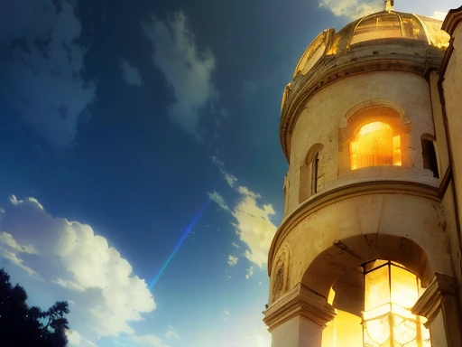 there is a clock tower with a sky background and a sky background, refracted sunset lighting, hdr refractions, soft filmic tonemapping, inspired by Kim Keever, still of rainbow ophanim, buildings photorealism, wet hdr refractions, inspired by Maxfield Parrish, dome of wonders, looming surreal sky, refracted sunset, seen from below