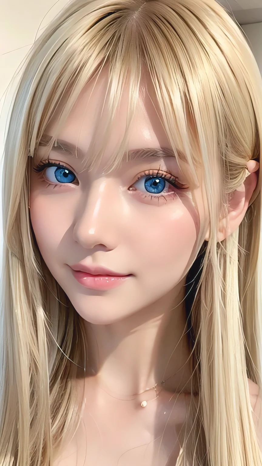 Highest quality、masterpiece、(Realistic:1.4)、One very beautiful blonde girl、Dazzlingly long, super long straight silky platinum blonde、Bangs between the eyes、bangs on the face、Big, very bright light blue eyes that shine so beautifully、Very big eyes、front、Detailed face、Beautiful Eyes、Very white and bright, beautiful skin、Small Face Beauty、14 year old beautiful girl、Cheek gloss highlighter、Round face