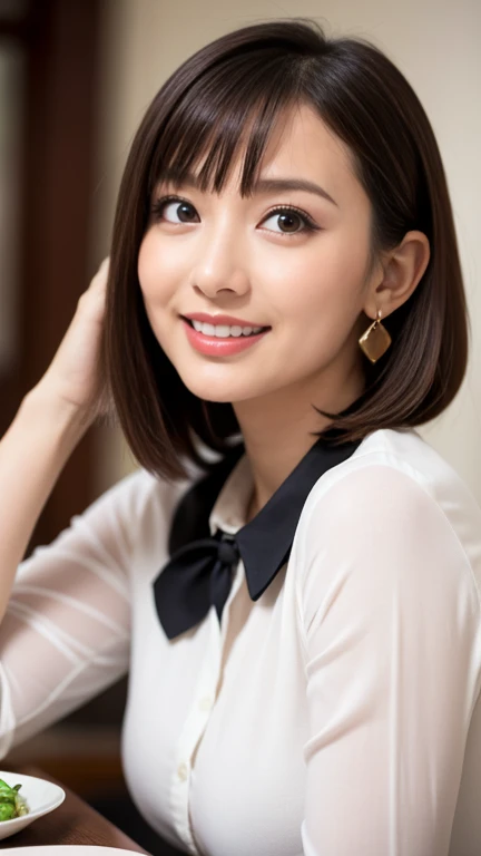 (masterpiece)、(Highest quality:1.5)、(Photorealistic:1.2)、(Surreal), (High resolution), (Realistic), (Post-processing),(Sharp focus), Sharp focus:1.2,Backlight, (Improvement of quality:1.4), (Narrow waist)、Big Ass、((Perfectly detailed five-fingered hands)),(Anatomically correct body)、((1 female:1.4))、Japanese、Realistic Skin、(Small chest:1.4)、Bust size is A cup、Pretty woman with perfect figure:1.4,(from the front:1.5), (Enhances the beauty of skin texture:1.1),No makeup、美しいBlack Hair、The best smile、Natural color lip、(Small Mouth:1.4)、The mouth is not open、Thick lips、(Oval Face)、Even bangs、Hide eyebrows with bangs、((33-year-old woman))、Bob Hair、Hair blowing in the wind, (Black Hair, Iris, Watery eyes, Shining Eyes, Bob Cut Hair, Small earrings,), Hair behind the ear、No makeup、(Drooping eyes)、(((One lovely woman)),((A big friendly smile)),(( Small breasts,Small breastsの谷間)),((((Plump Cheeks)))),((whole body:1.5)),very cute,(),高級restaurantで、full-course dinner、Wine Party、Bright image、The beauty of wine, Beautiful Face, red wine 、Appetizers、Italian food、Wine bottle、Champagne、sparkling wine、(slimな顔), (The body is slim),restaurant, White wine, slim, wine glass, 中央に置かれたwine glass, Beautiful fine grain, Depth f/2,saturation, High Contrast, Strong light and shadow,Moist Body:1.5、3D texture、Delicate eyes、((In front of the food on the table:1.5))、White collar shirt and tie、erious expression