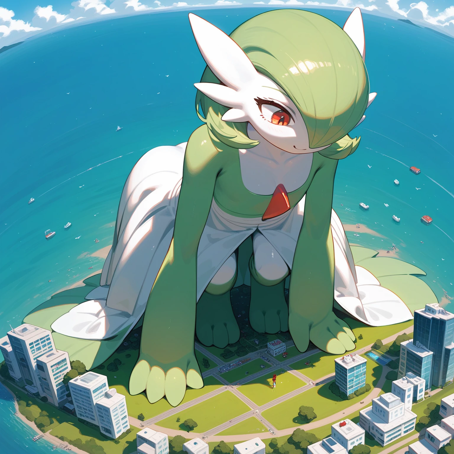 green legs, full body shot, green and white, gardevoir, pokemon, sizedifference, macro, giantess, high angle, stand, looking down, continent, 2 feet, 4 toes, squat, sea, atmosphere