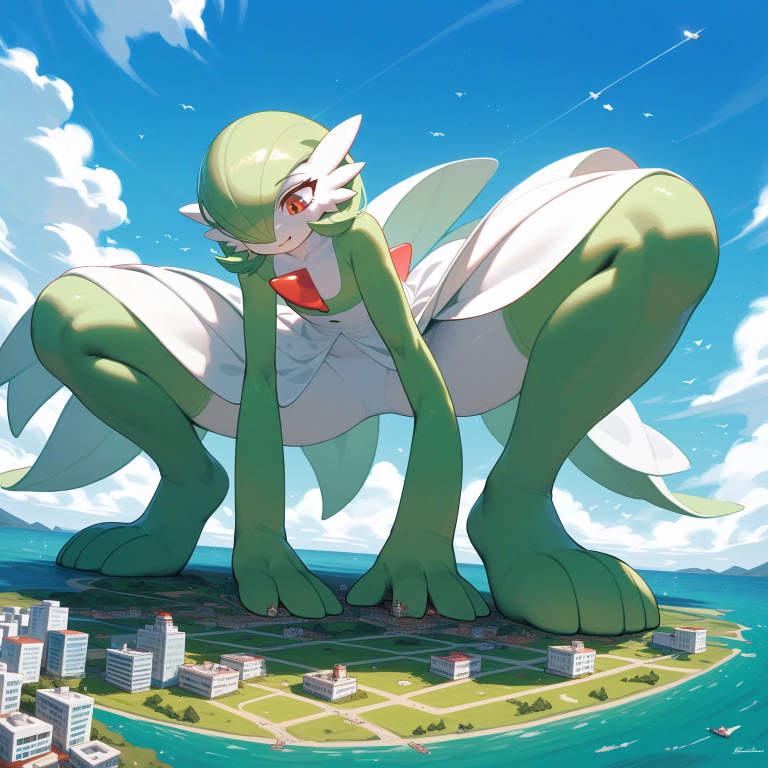 green legs, full body shot, green and white, gardevoir, pokemon, sizedifference, macro, giantess, high angle, stand, looking down, continent, 2 feet, 4 toes, leg spread, squat