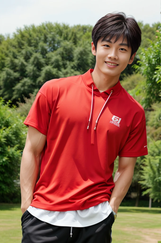 独奏: 1.5, (As a matter of fact, Masterpiece, 8k HD, good light quality, Red sportswear that fits the face, complicated details), A handsome, muscular young Korean man. , 20 years old, be happy, smile brightly, detailed face, delicate eyes, มองดูsky, period, black eyes, Black hair color, ผมsmooth, smooth, outdoor sports, Along the garden, Sunny,sky,Surreal,Awesome details,Highest quality,real,Open your mouth to talk. , Close your eyes., field ,Run towards the camera.