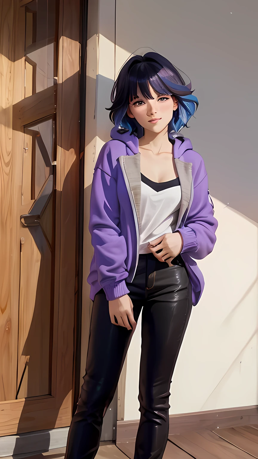 (((Perfect figure,figure,purple hoodie,brown pants, (((hyuugahin,hyuugahin,hinata\(boruto\),hyuugahin, "black long hair", blue eyes,blunt bangs))),S-shaped figure:1.7))),((masterpiece)),high resolution, ((Best quality at best)),masterpiece,quality,Best quality,((( Exquisite facial features,looking at the audience,There is light in the eyes,blush,Happy,nterlacing of light and shadow,huge ))),(((looking into camera,)))