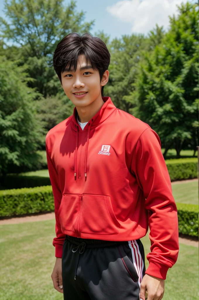 独奏: 1.5, (As a matter of fact, Masterpiece, 8k HD, good light quality, Red sportswear that fits the face, complicated details), A handsome, muscular young Korean man. , 20 years old, be happy, smile brightly, detailed face, delicate eyes, มองดูsky,  period, black eyes, Black hair color, ผมsmooth, smooth, outdoor sports, Along the garden, Sunny,sky，Surreal，Awesome details，Highest quality，real，Open your mouth to talk. , Close your eyes., field ,Run towards the camera.
