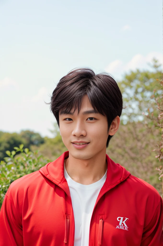 独奏: 1.5, (As a matter of fact, Masterpiece, 8k HD, good light quality, Red sportswear that fits the face, complicated details), A handsome, muscular young Korean man. , 20 years old, be happy, smile brightly, detailed face, delicate eyes, มองดูsky, period, black eyes, Black hair color, ผมsmooth, smooth, outdoor sports, Along the garden, Sunny,sky,Surreal,Awesome details,Highest quality,real,Open your mouth to talk. , Close your eyes., field ,Run towards the camera.