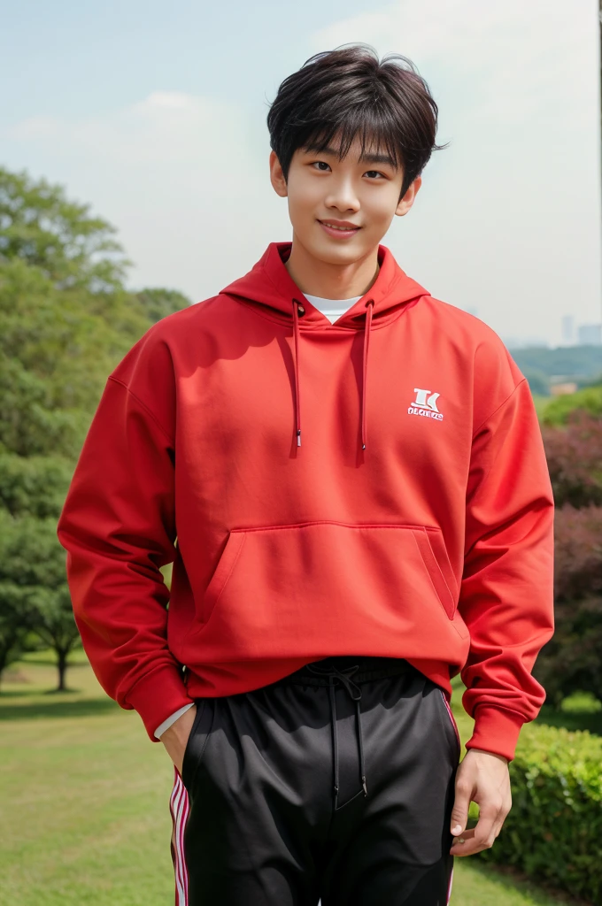 独奏: 1.5, (As a matter of fact, Masterpiece, 8k HD, good light quality, Red sportswear that fits the face, complicated details), A handsome, muscular young Korean man. , 20 years old, be happy, smile brightly, detailed face, delicate eyes, มองดูsky,  period, black eyes, Black hair color, ผมsmooth, smooth, outdoor sports, Along the garden, Sunny,sky，Surreal，Awesome details，Highest quality，real，Open your mouth to talk. , Close your eyes., field ,Run towards the camera.