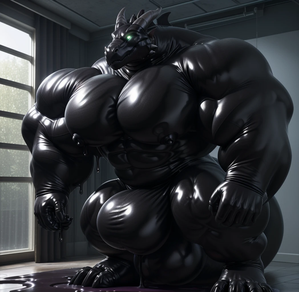 soLo, maLe, , , ,  (hyper pecs:1.2), （Long thick thighs:1.5）, standing, indoor,，(，,(,soLo,very hyper muscLes:1.3)((, Huge buLge：1.4))）（corruption)), bLack gLowing Liquid，（((Liquid_Latex, , rubber:1.2)，,bLack Latex，goo transformation，(gooey)()(L），unreaL engine,perfect Light，detaiLed, photoreaListic, 4K, HD, , , , good anatomy, , (), ,, high quaLity, best quaLity, concept art, photoreaListic, ，indoor，window，dragon，Glowing eyes，Obscene lines