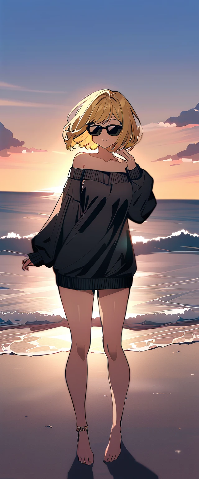 ((sea, beach)), bare legs, (()), (((sunglasses, hand to sunglasses))), (((cowboy shot))), ((wavy hair, inward curled hair)), evening, ((Sunset)), ((blond hair, bob cut:1.3)), breasts, ager, (looking at viewer), oversized clothes, puffy long sleeves, ((off-shoulder sweater:1.3, Quite thick shoulder straps)), ((black sweater)), collarbone, head tilt:1.3, (((blue eyes))), ((happy smile)), (((anime style))), (best quality, 4K, 8K, highres, masterpiece:1.2, ultra-detailed, ultra-detailed eyes, HDR, uhd, studio lighting, ultra-fine painting, sharp focus, physically-based rendering, extreme detail description, professional, vivid colors, bokeh)