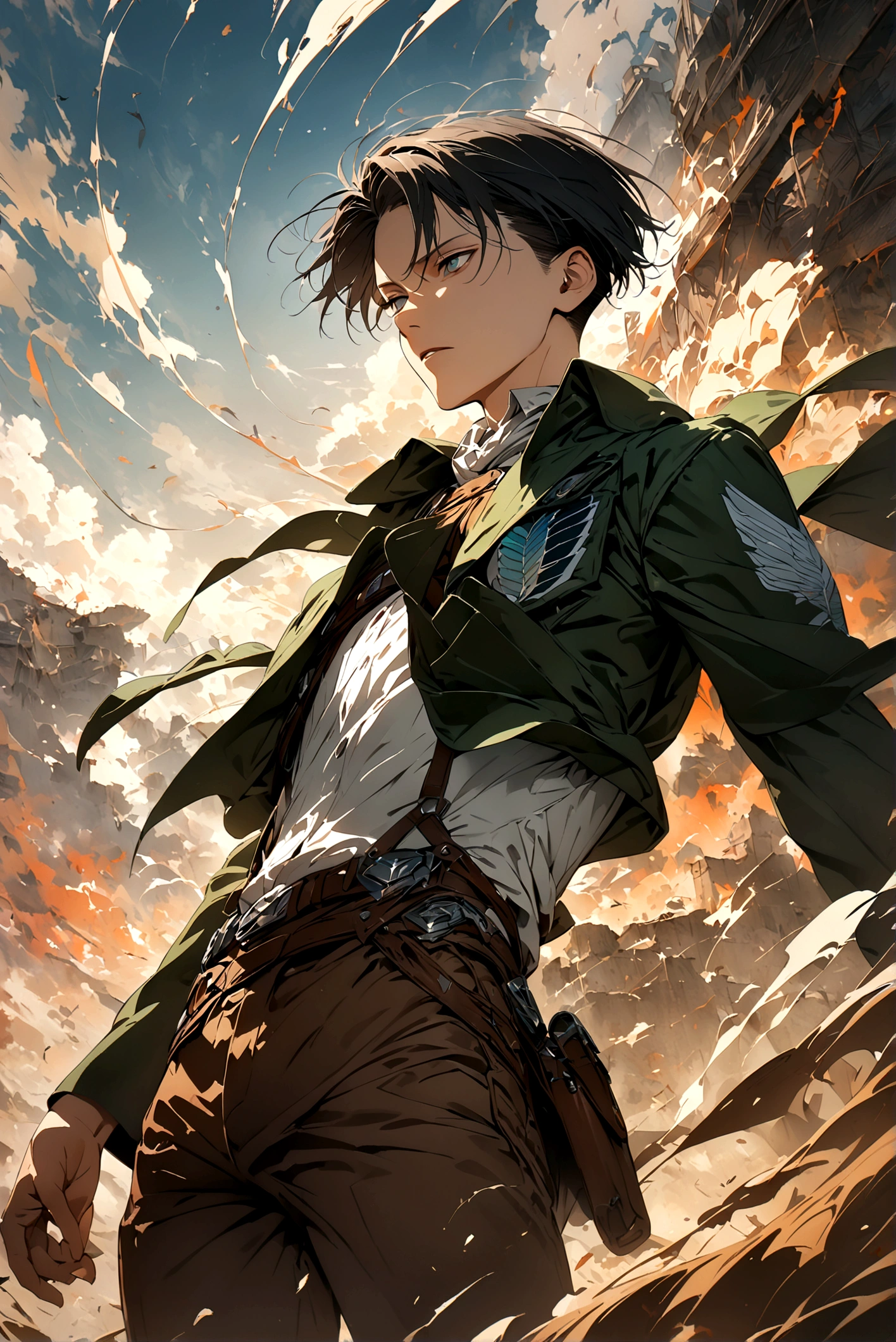 1 male,Levi Ackerman,Attack on Titan,,Intricate details,Wide range of colors,artwork,rendering,(masterpiece:1.3),(Highest quality:1.4),(Very detailedな:1.5),High resolution,Very detailed,unity 8k wallpaper,Decadent,Wind,Creates a smooth design
